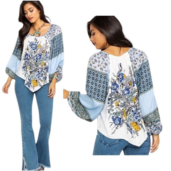 Free People Tops - Free People Positano Blouse Ivory Multi Patchwork Balloon Sleeve XS